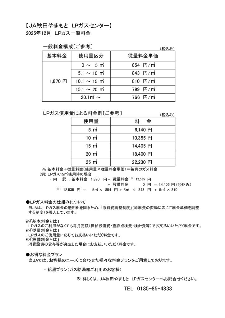 LPガス料金(令和7年12月)